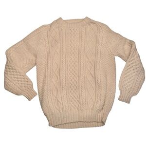 Quills Woolen Market Irish Wool Cable HandKnit Crew Fisherman Sweater Ivory M